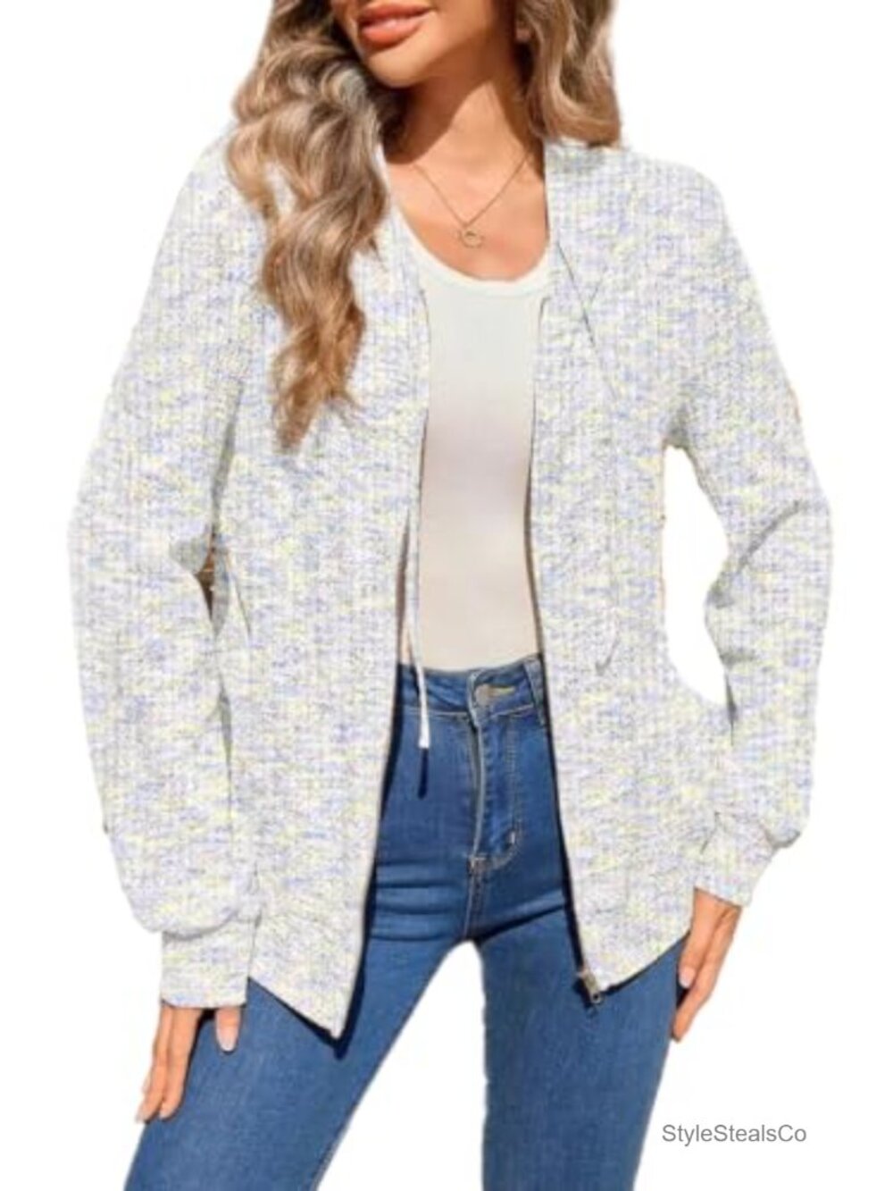 Waffle Knit Zip Up Hoodie Oversized Lightweight Full Zip Sweatshirt